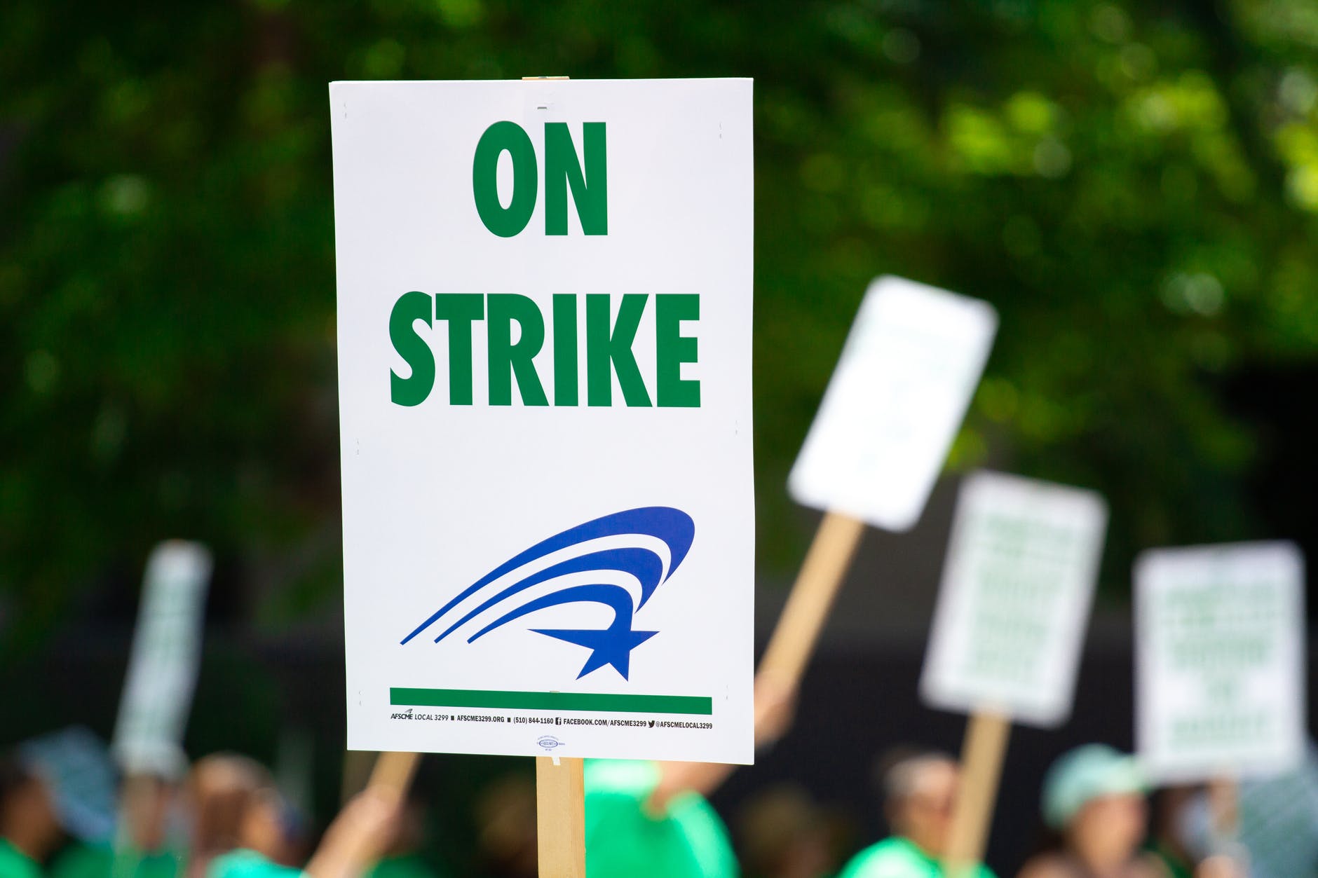 people rallying carrying on strike signage